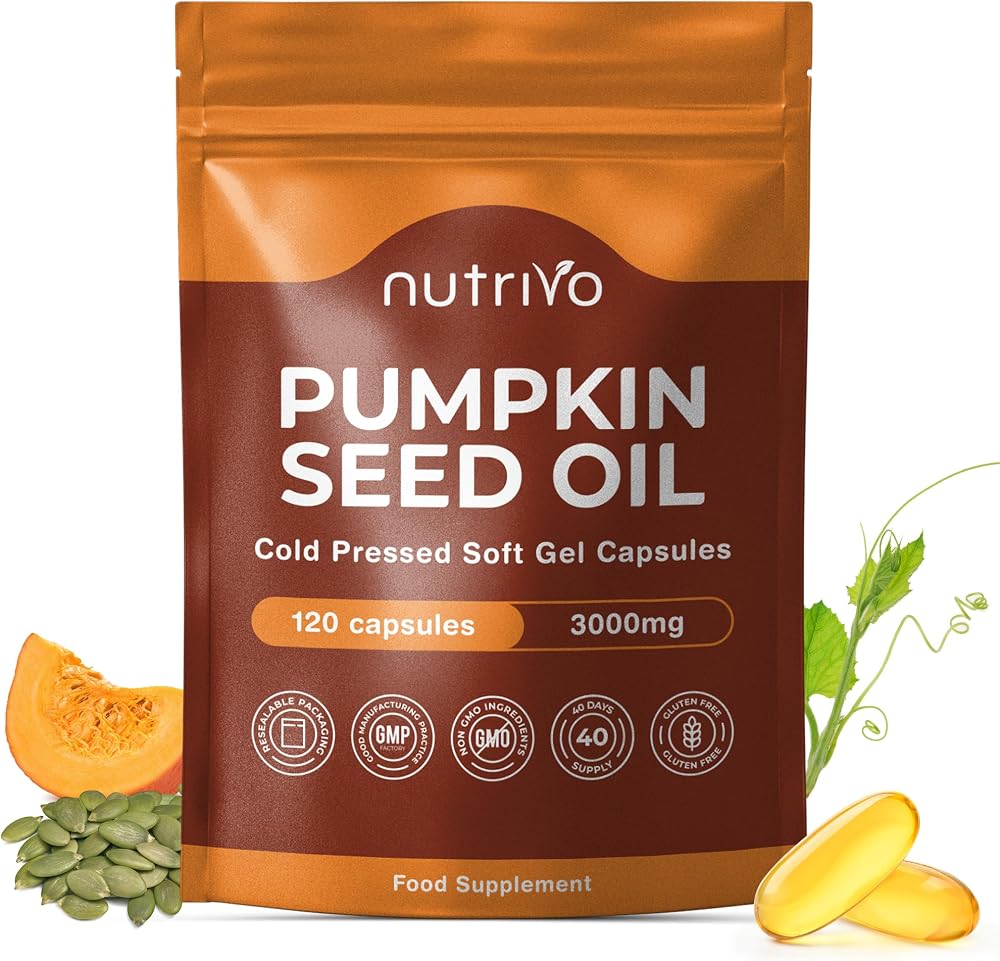 Nutrivo Pumpkin Seed Oil Capsules 3000mg | 120 Soft Gels | UK Made