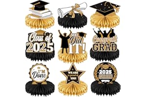 Yisong 9 Pieces 2025 Graduation Party Table Decorations Class of 2025 Congrats Graduation Centerpieces for Tables Congratulate Honeycomb Centerpiece Topper for Grad Party Supplies(Black Gold)