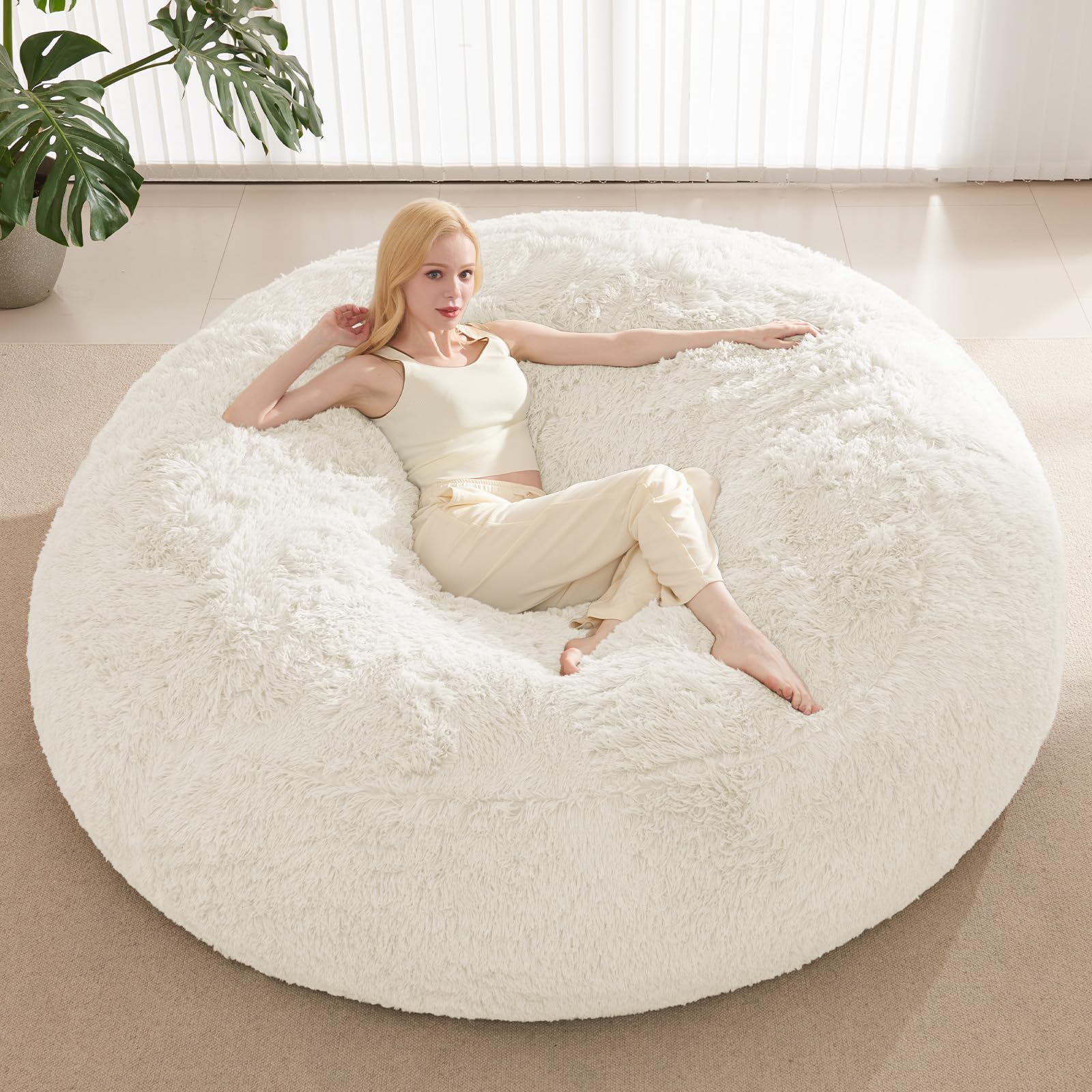 Photo 1 of 7FT Oversized Bean Bag Covers Only, Fluffy Stuffed Beanbag Chair Covers No Filler, Washable Bean Bags Cover for Adults, Stuffed Animal Bean Bag Anti-Slip, White