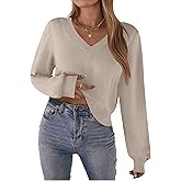 Zeagoo Women's 2025 Fall V-Neck Cropped Sweater Trendy Long Latern Sleeve Ribbed Knit Pullover Crop Tops