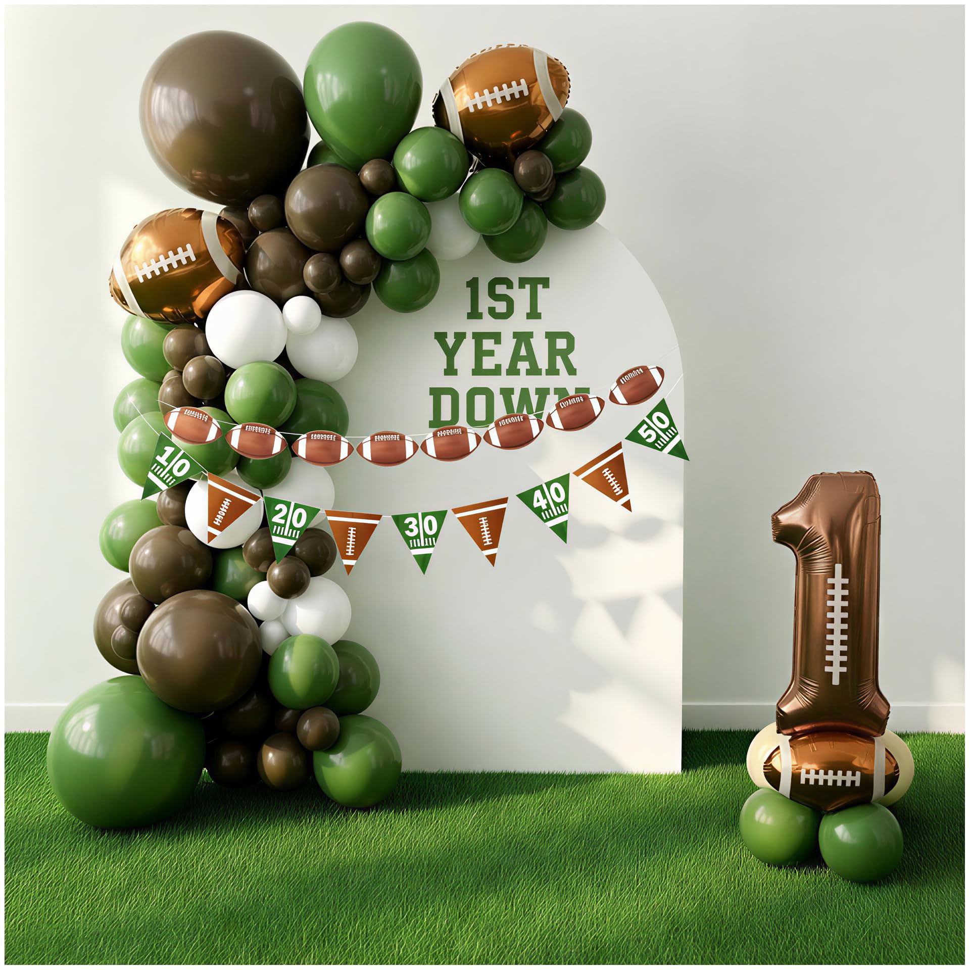 Photo 1 of 1st Year Down Birthday Decoration, 160 Pcs Football Balloon Arch Kit with 2 Banners, Including Sage Green, Coffee Brown, White Balloons, Rugby Balloon, Number 1 Balloon, Sport Themed Party Decoration