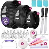 Riccle 148PCs Cake Pan Set for Baking, 3 Non-Stick Springform Pan Set (4, 7, 9 Inches), Cake Decorating Kit, Piping Bags and Tips Set, Cake Leveler, Multi-functional Leak-Proof CheeseCake Pan (148)