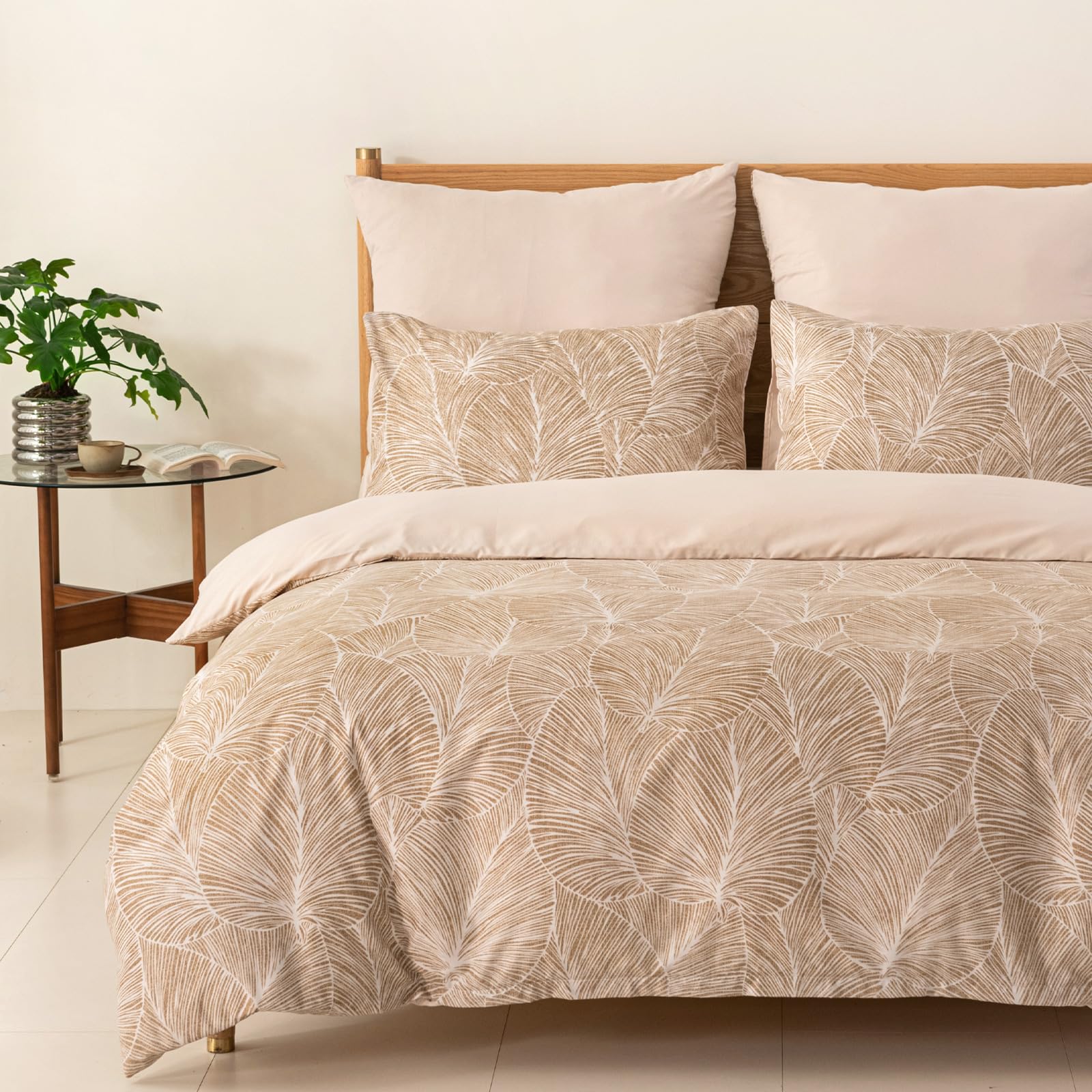 Tokokimo Beige Double Duvet Cover Bedding Set Tropical Leaves Pattern, Summer Duvet Cover Set Beige with 2 Pillowcases for Double Bed 200x200 cm, Soft Microfiber — image 1