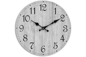 HYLANDA Wall Clock, 10 Inch Rustic Wall Clocks Battery Operated Silent Non Ticking, Country Round Wooden Clocks Farmhous Wall Decor for Bathroom, Living Room, Kitchen, Bedrooms, Dining Room (Gray)