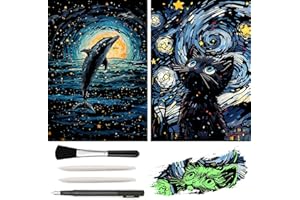 VTEAS Glow in The Dark Scratch Art Rainbow Painting Paper, 2 Pack Van Gogh Style Engraving Art Creative Craft Tools Set, Fun Magic DIY Sketch Card Scratchboard for Teen & Adults (Dolphin + Cat)