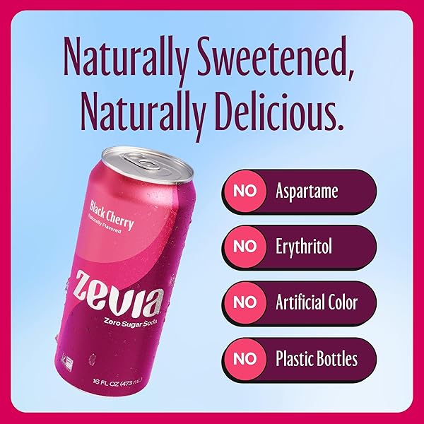 ZEVIA ZERO SUGAR SODA, BLACK CHERRY, 16 OZ CANS (12-PACK) – NATURALLY SWEETENED, NON-GMO PROJECT VERIFIED, GLUTEN-FREE, VEGAN