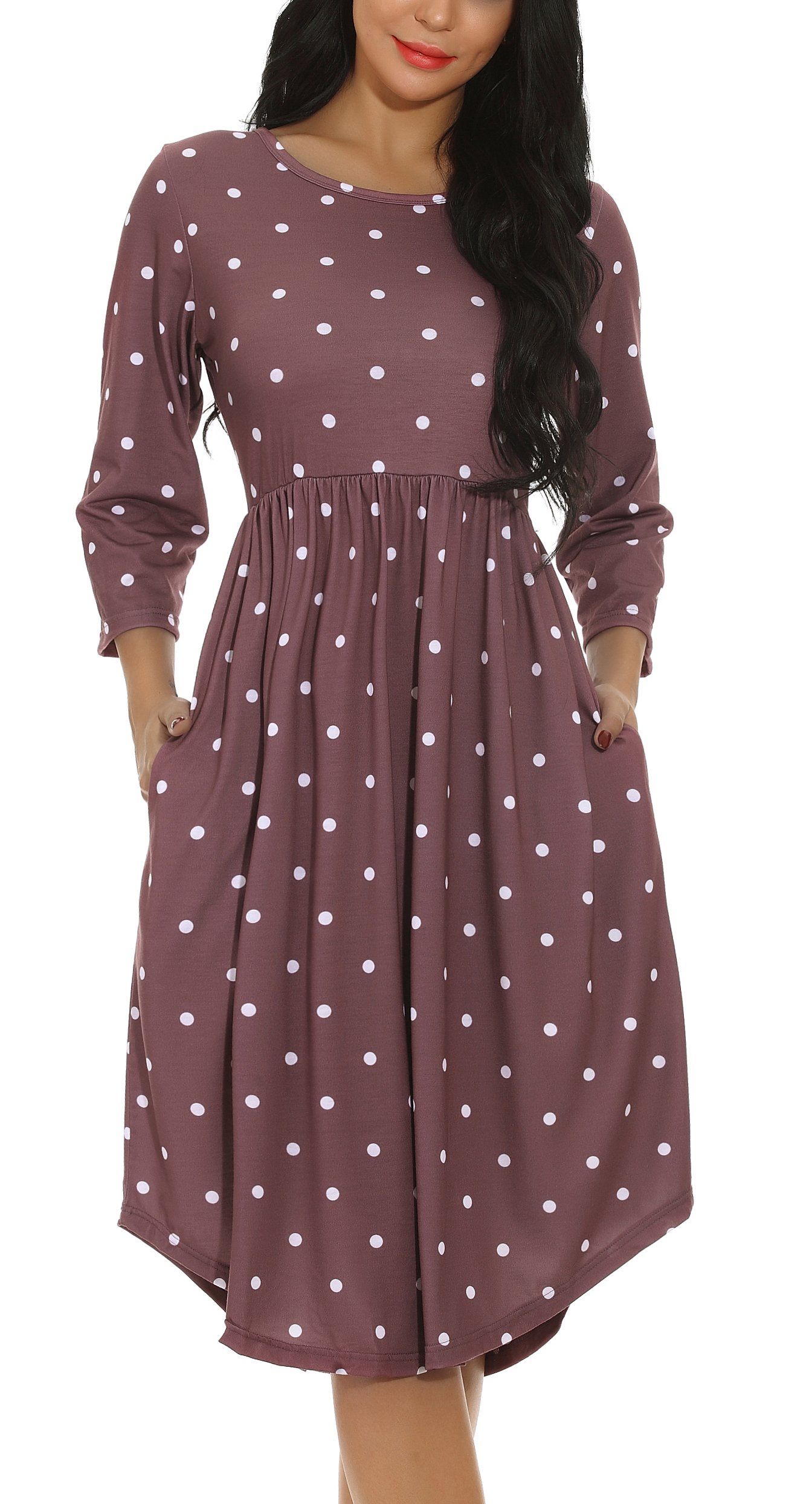 Fronage Fall 3 4 Sleeve Jersey Knit Dresses for Women Casual Hi Low Tunic Tops Cotton Dress (Coffee, S)