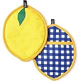 Kate Spade New York Lemon Party and Spring Gingham Pot Holder 2-Pack Set, Heat Resistant, 100% Cotton, Navy Blue/Yellow, 7"x10"