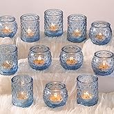 DARJEN 12Pcs Blue Votive Candle Holders- Glass Candle Holder for Vintage Decoration, Tea Lights Candle Holders for Wedding, Party Table Centerpieces & Gift