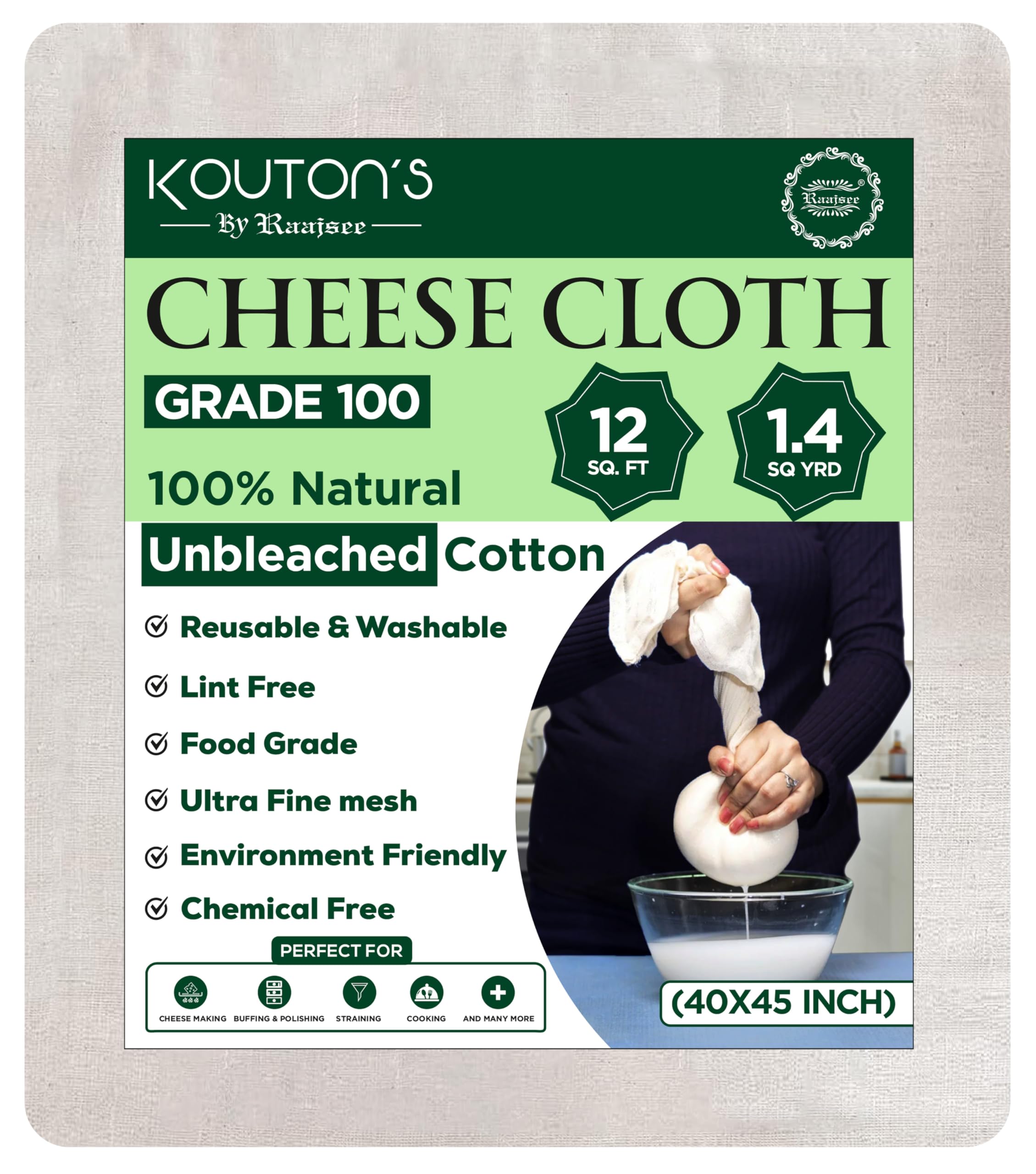 Photo 1 of Raajsee Cheese Cloths Grade 100, 12 Sq Feet - 1.4 Sq Yards Unbleached 100% Organic Cotton Fabric - Reusable Ultra Fine Mesh Muslin Cloth - Cheesecloth For Straining Cooking,Baking,Cheese Making