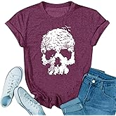 Skull Shirts for Women Gothic Skeleton Print Vintage Graphic Casual Cotton Tops Funny Workout Athletic Shirts
