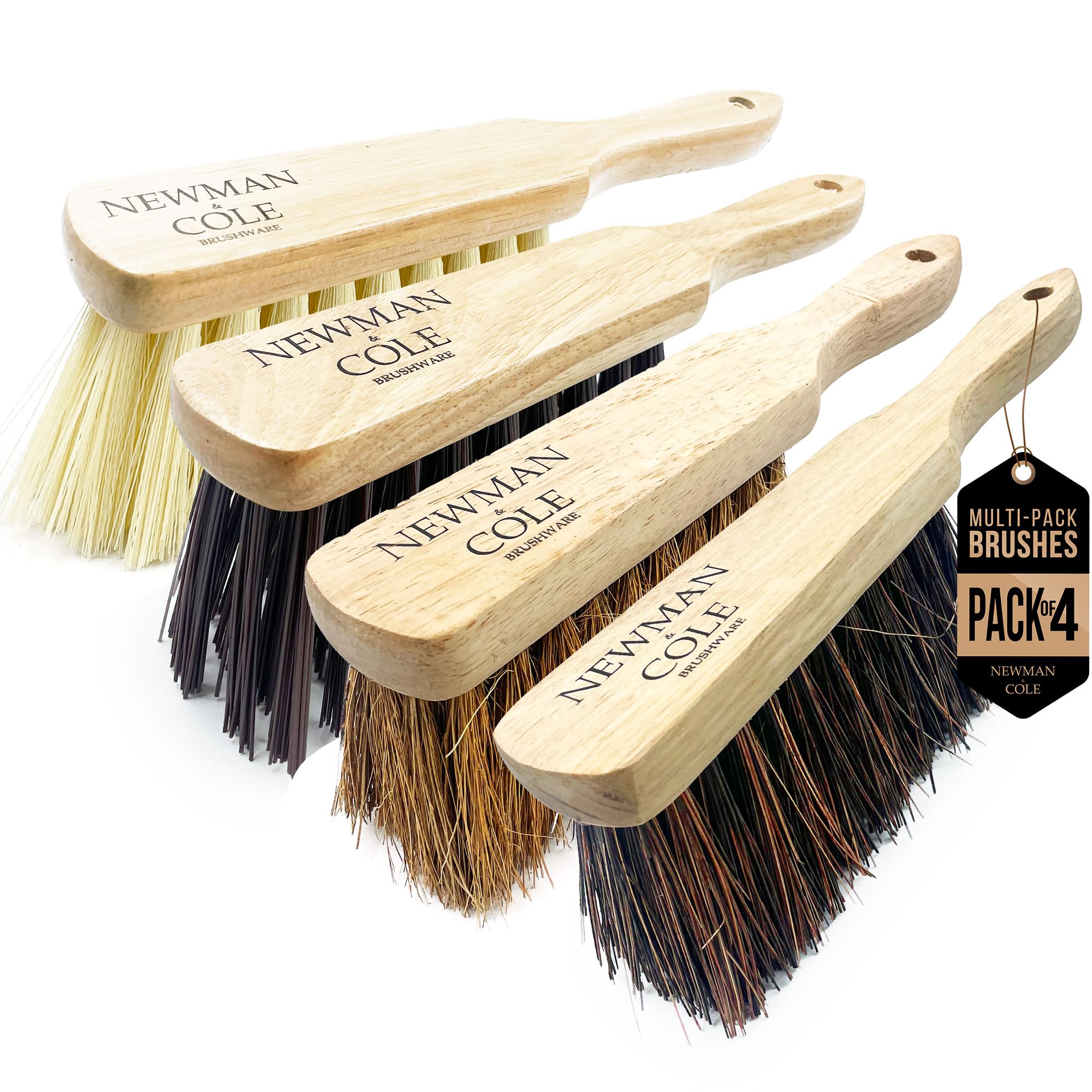 Newman and Cole Natural Wooden Hand Brushes - Choose from Hard Stiff Bristle Brush or Soft Brush with Natural or Synthetic Bristles (Multi Pack 4 All Purpose Hand Brushes)