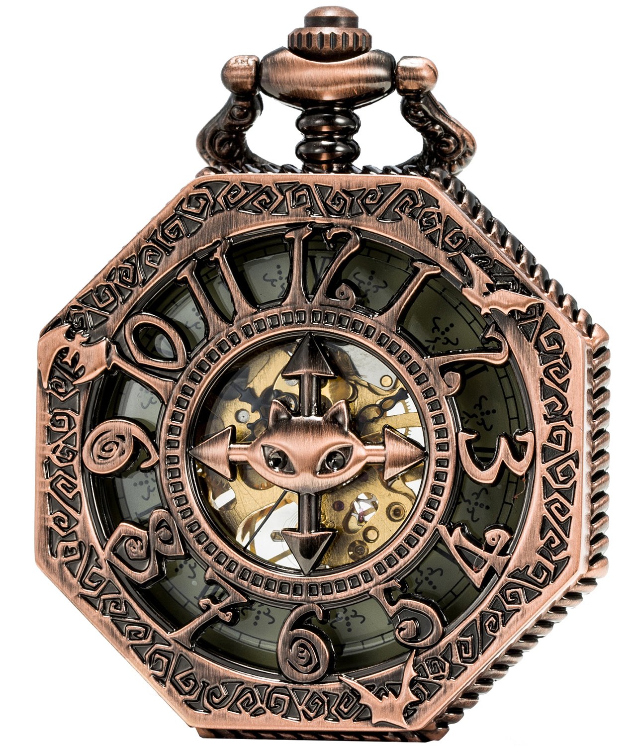 SEWOR Octagon Skeleton Pocket Watch Halloween Style Steampunk Mechanical Hand Wind (Red Copper)