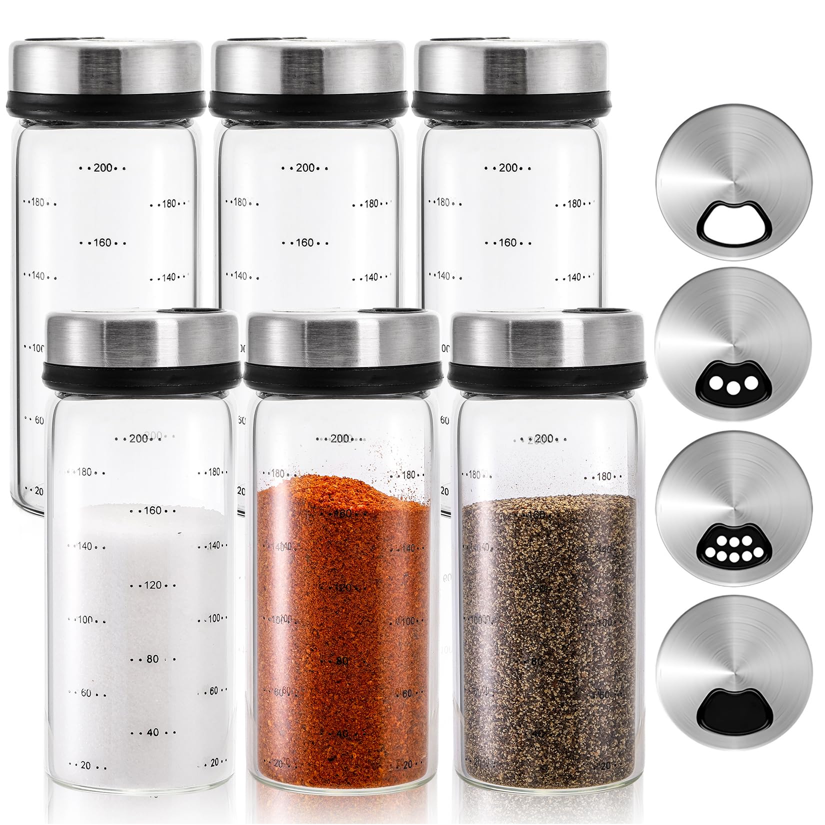 Kingrol 6 Pack Glass Spice Jars, 7 oz Salt and Pepper Shakers with Adjustable Pour Holes - for Seasonings, Herbs, Powders, Glitters