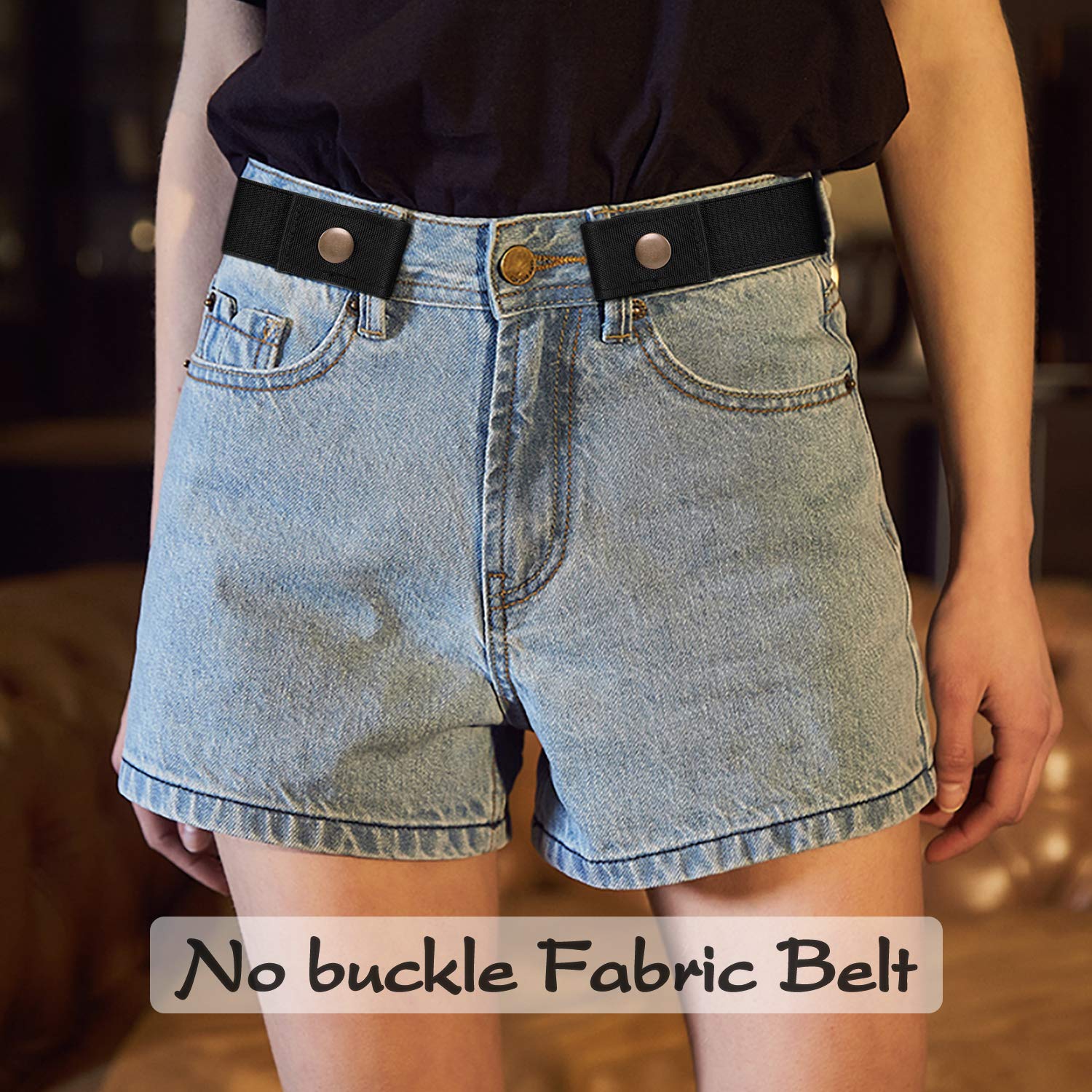 WERFORU Buckle-Free Women No Buckle Invisible Fabric Stretch Belt For Jeans, Black, Large(Pants Size 34-48 Inches)