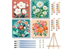 cviokrdu 4 Pack Paint by Numbers Kit for Kids with Frame - Wooden Easel, Flowers Paint by Numbers for Kids Ages 4 8 12, Easy Flower Acrylic Oil Painting Kits for Home Wall Decoration 8x8 inch