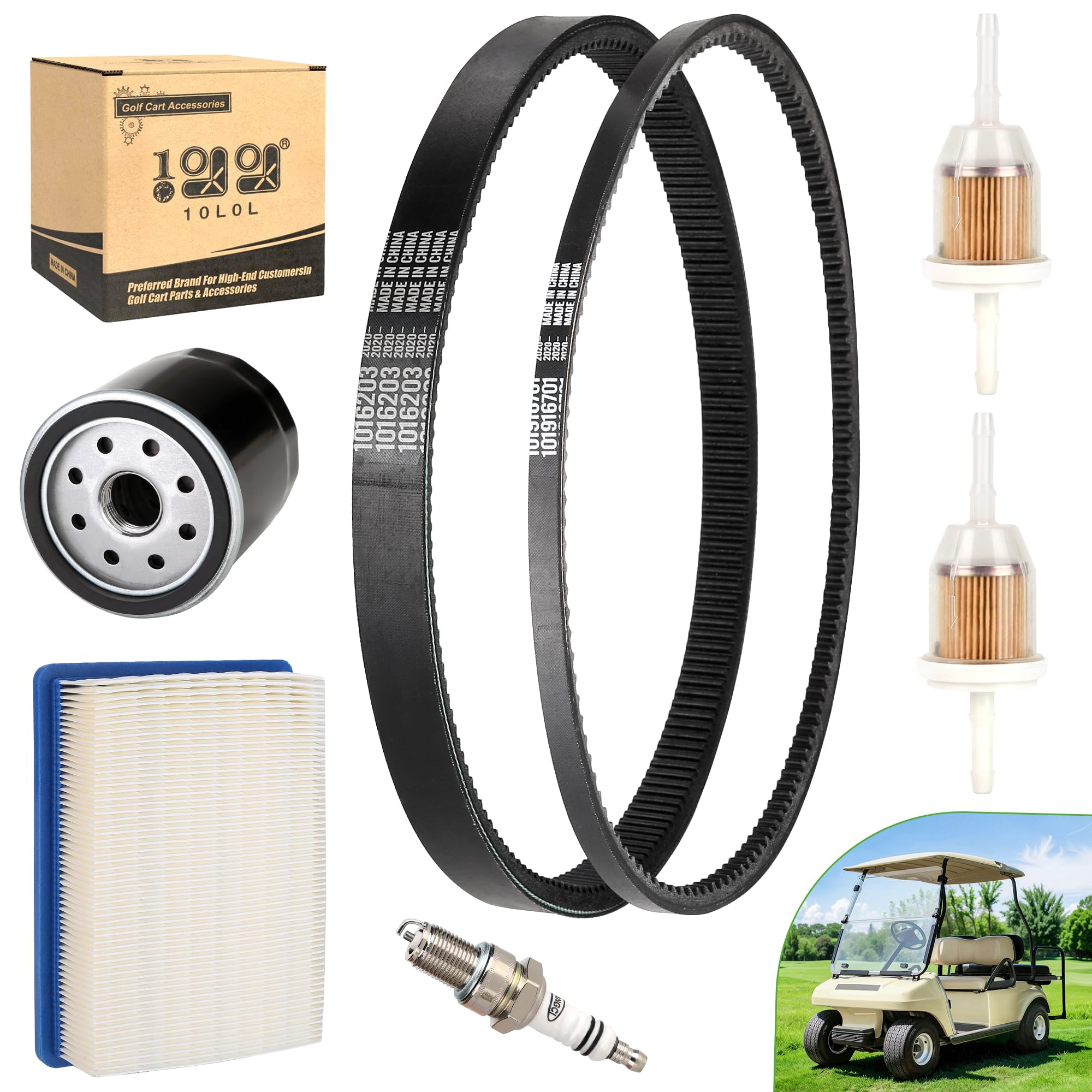 Photo 1 of (PARTIAL SET) (BAGGED) 10L0L Golf Cart DS Tune Up Kit W/Clutch Drive & Generator Belt for Club Car DS Gas 1992-2004 Golf Cart with FE290, FE350 Kawasaki, Air & Oil Fuel Filters Spark Plug, Replaces OEM 1025582, 101916701