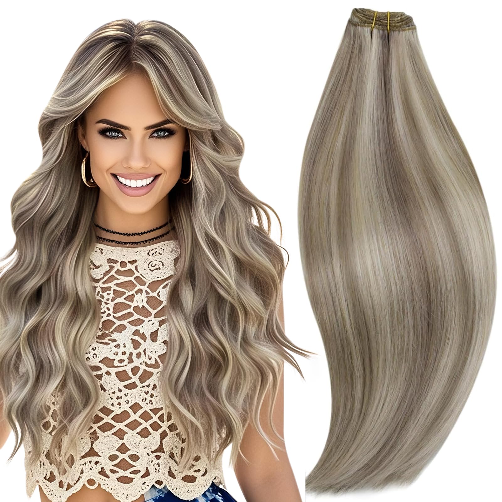 RUNATURE Weft Hair Extensions Real Human Hair Highlight Grey Blonde Sew in 14 Inch 100gram — image 1