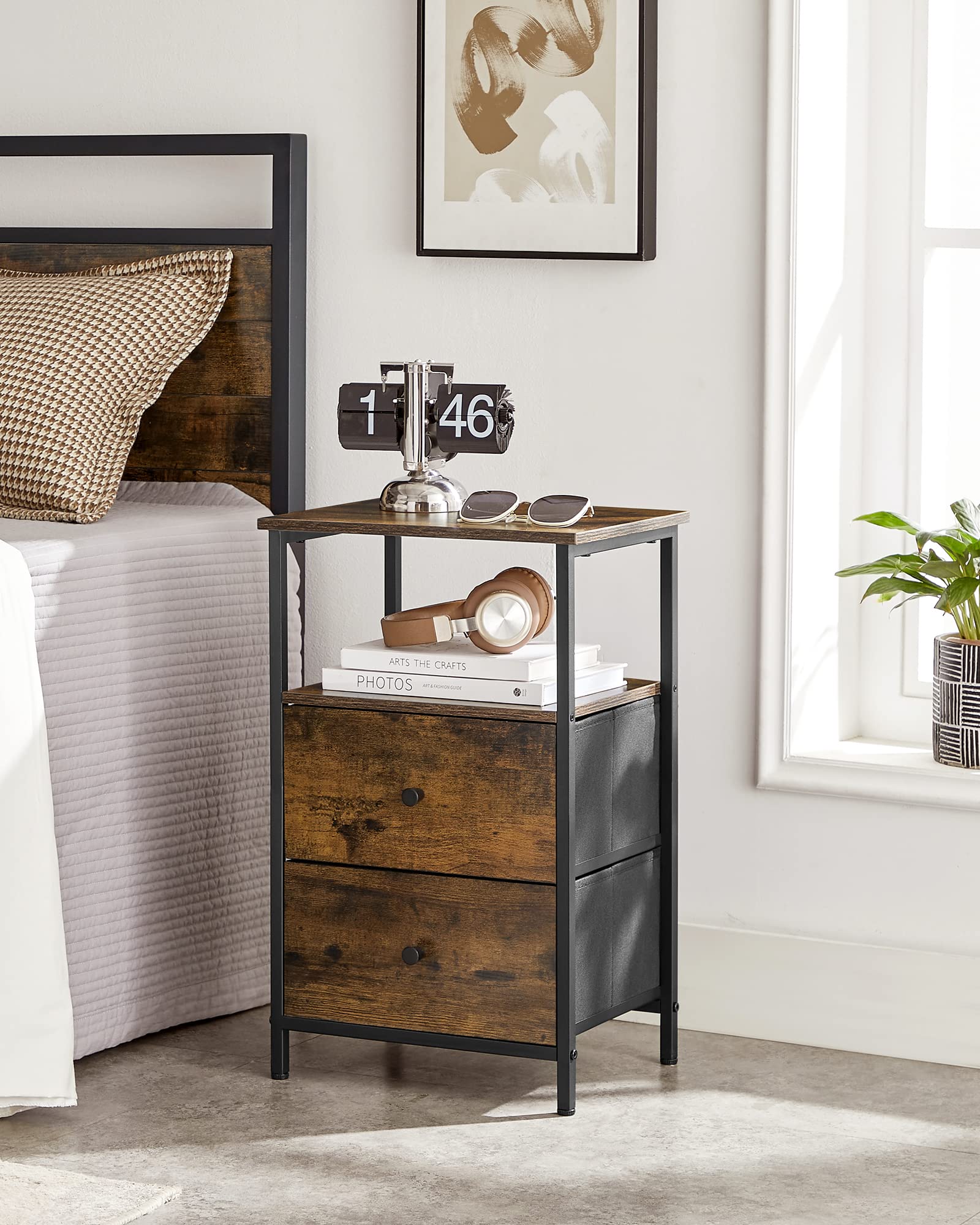 VASAGLE Nightstand, 24-Inch Tall Side Table with 2 Fabric Drawers and Storage Shelf, for Bedroom, Rustic Brown and Black ULGS025B01