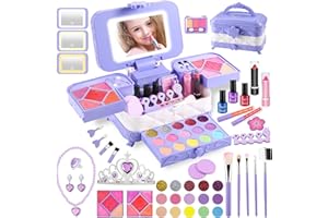 Kids Makeup Kit for Girl with 3-Color LED Lighted Makeup Mirror, DAUXONE ® 59 Pcs Makeup Set for Girls,Real & Washable Kids Makeup Toys for Ages 3-12 Girl Birthday Gift