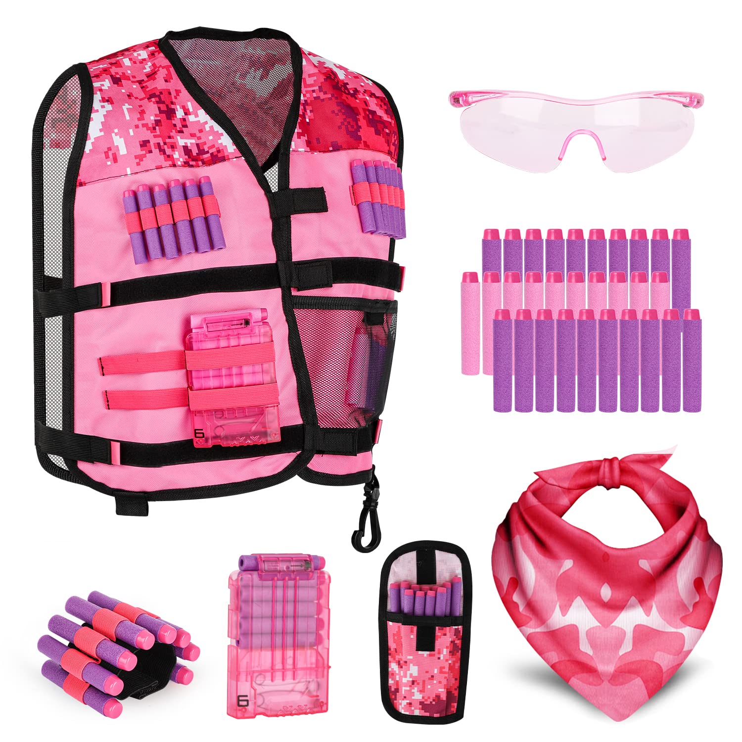 Lehoo Castle Kids Tactical Vest Kit for Nerf Guns, Vest for Nerf Guns Boys Girls with 30 Refill Darts, Dart Pouch,Tactical Mask, Reload Clips(Pink)