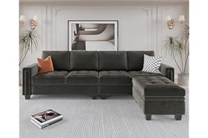 Belffin Velvet Reversible Sectional Sofa with Chasie Convertible L Shaped 4-seat Sectional Couch with Storage Ottoman Grey