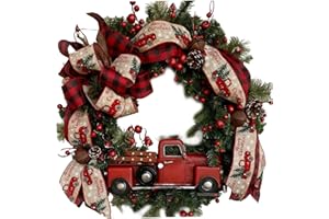 Christmas Wreaths for Front Door, Christmas Wreaths for Front Door Red Truck with Bowknot Artificial Red Berries for Winter I