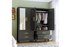 RISTERN RIETERN Metal Armoire Wardrobe Closet, 71" Tall Bedroom Closet with Mirror, 2 Drawers, Adjustable Shelves, and Hanging Rod, Steel Clothes Closets and Storage, for Bedroom Black