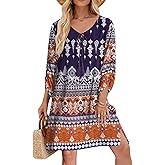 Zeagoo Womens Boho Dresses Casual Beach Summer Dress Tassel Tie Neck 3/4 Long Sleeve Mini Sundress 2026 Floral Print Cover Up