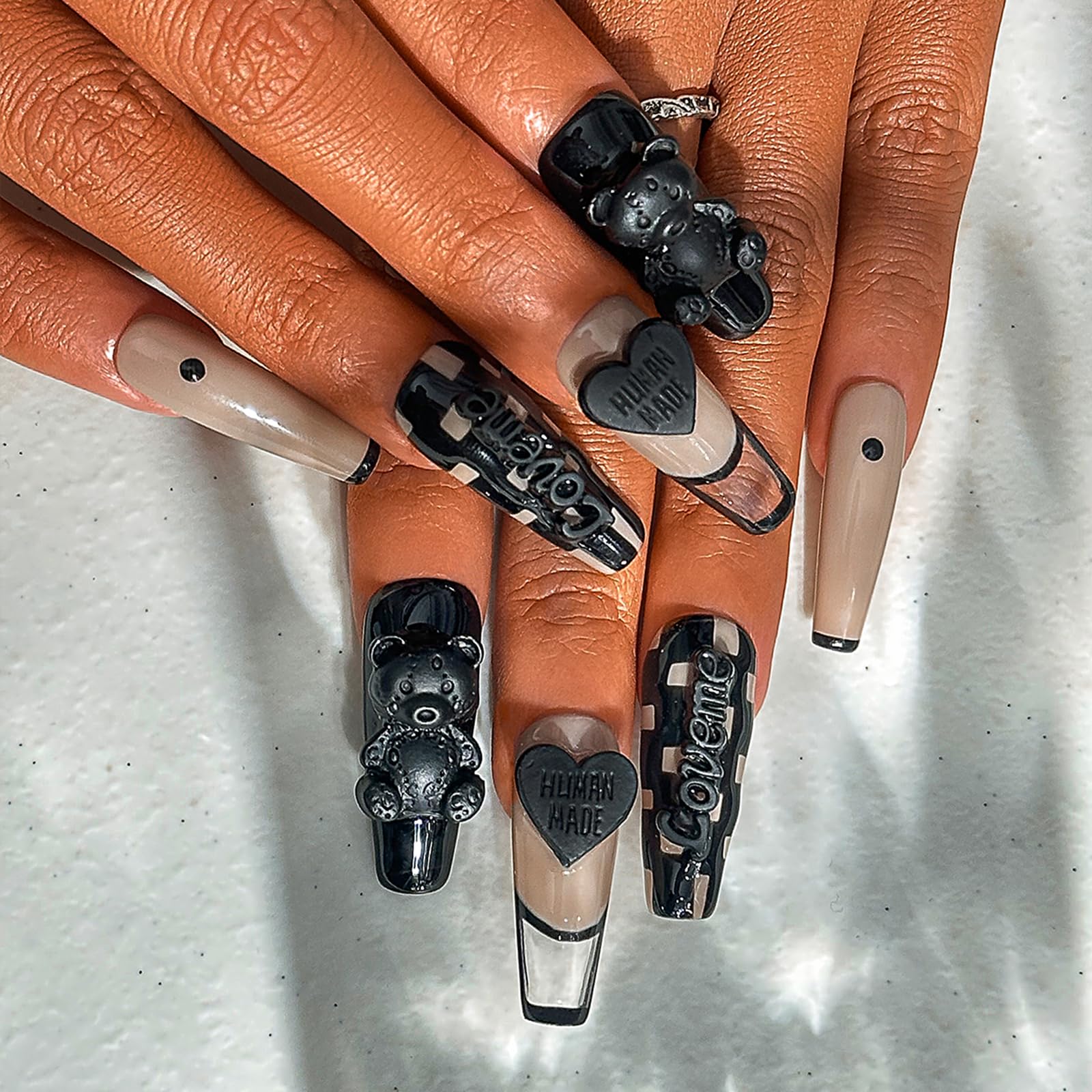 Sethexy French Luxury Long Coffin False Nails Handmade Glossy Acrylic Checkerboard Fake Nails 3D Black Bow Bear Press On Nails Salon Quality Nail Removable for Women and Girls(U)