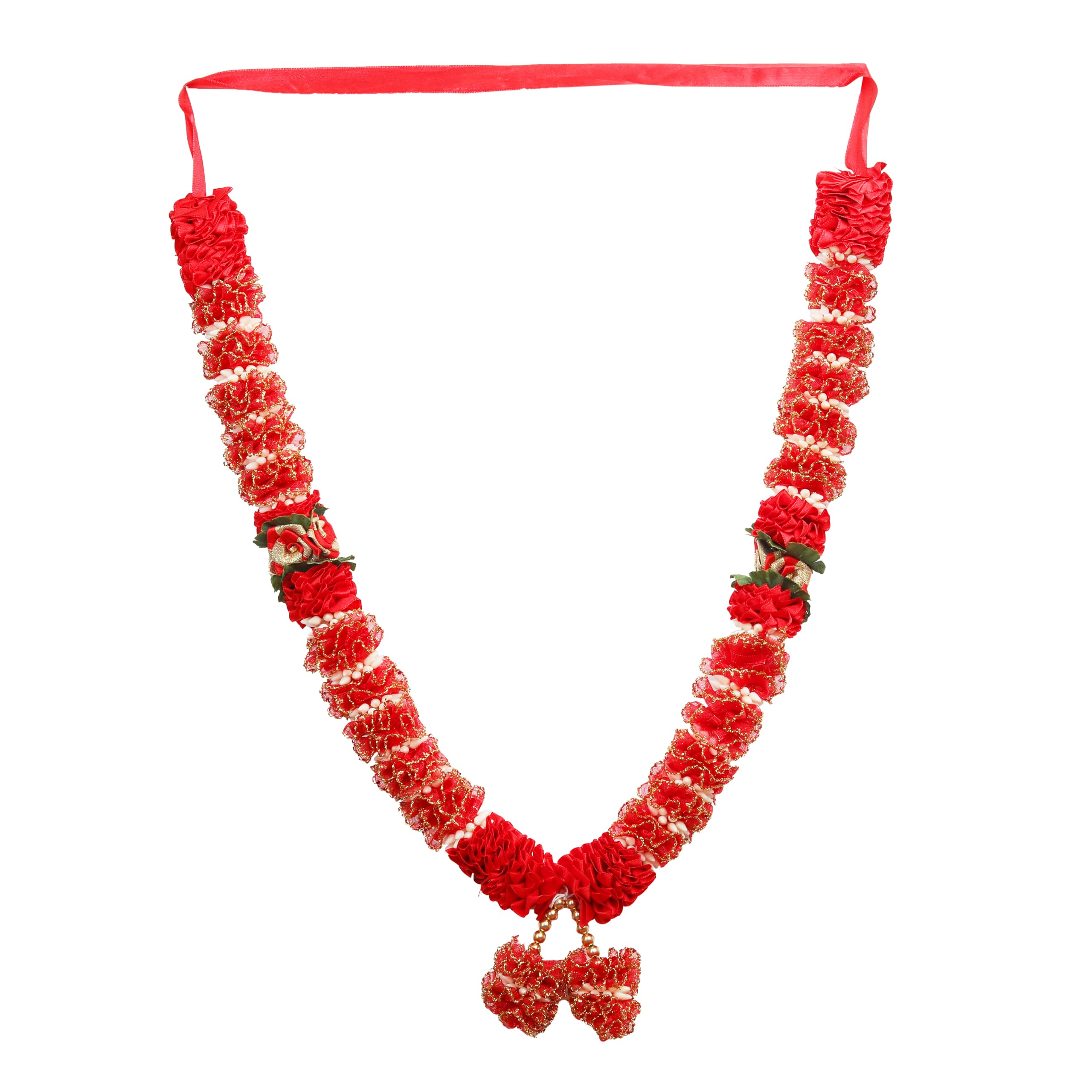 Large Artificial Red Flowers Ribbon Garland Haar Mala for Idol-Mala for God, Indian Traditional Pooja Sringar Articles Ornament for Multipurpose Pooja Festival New year Decorations (Size :- 21")