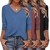 Zeagoo Women's T Shirts 3 Pack 3/4 Sleeve V Neck Basics Tees Casual Loose Fit Soft Fall Tops Outfits 2025 S-XXXL