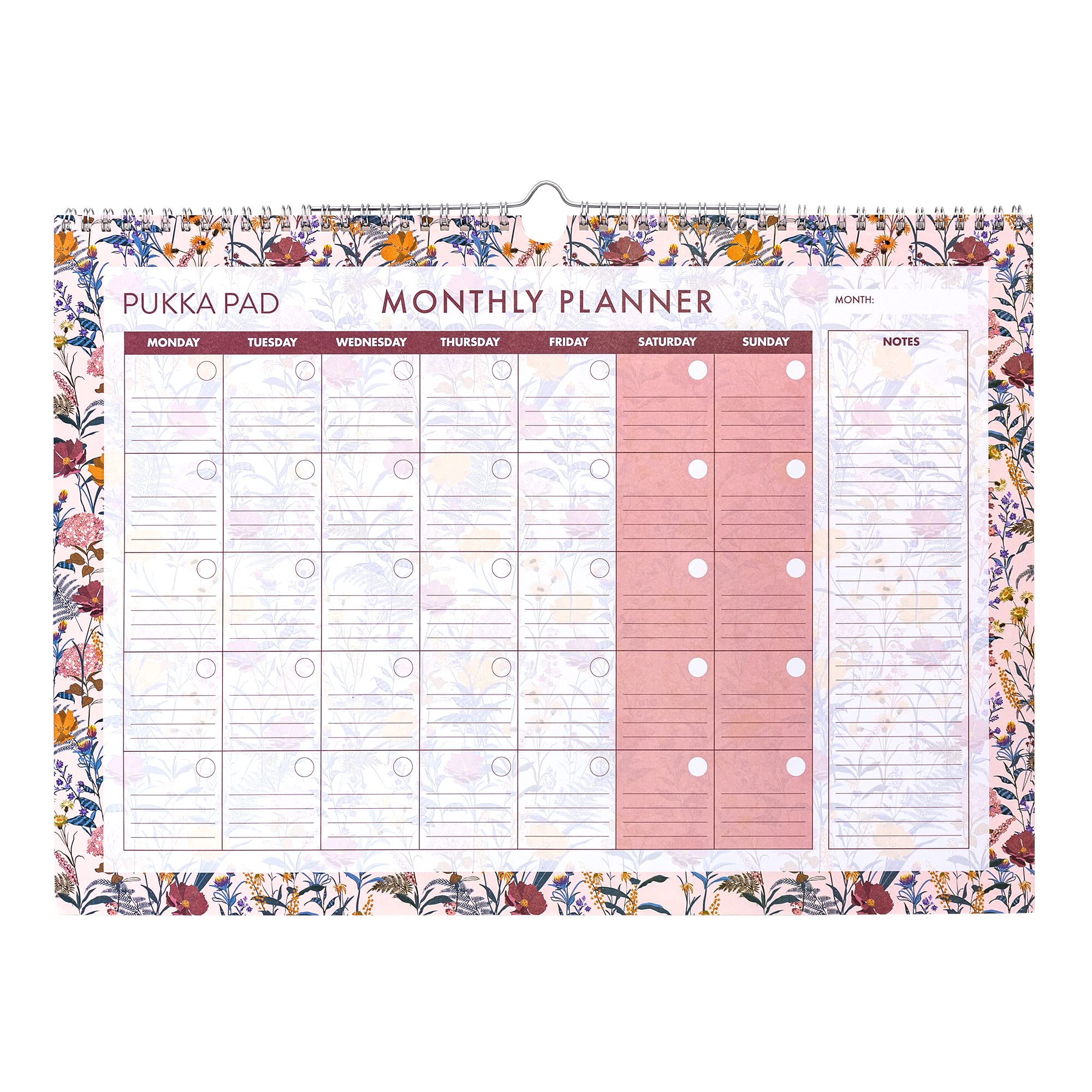 Pukka Pad, Bloom Monthly Wall Planner – 12 Sheets of 100GSM Paper for a Full Year of Daily Activities and Appointments – Top Wirebound with Loop – Cream, 29.7 x 42cm