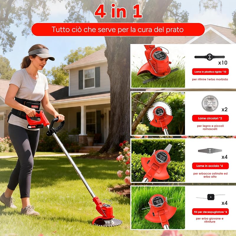 Decespugliatore a Batteria, Tagliaerba Elettrico a Batteria da 800 W, Taglia Erba da Giardino Elettrico con 4 Tipi di Lame,pieghevole