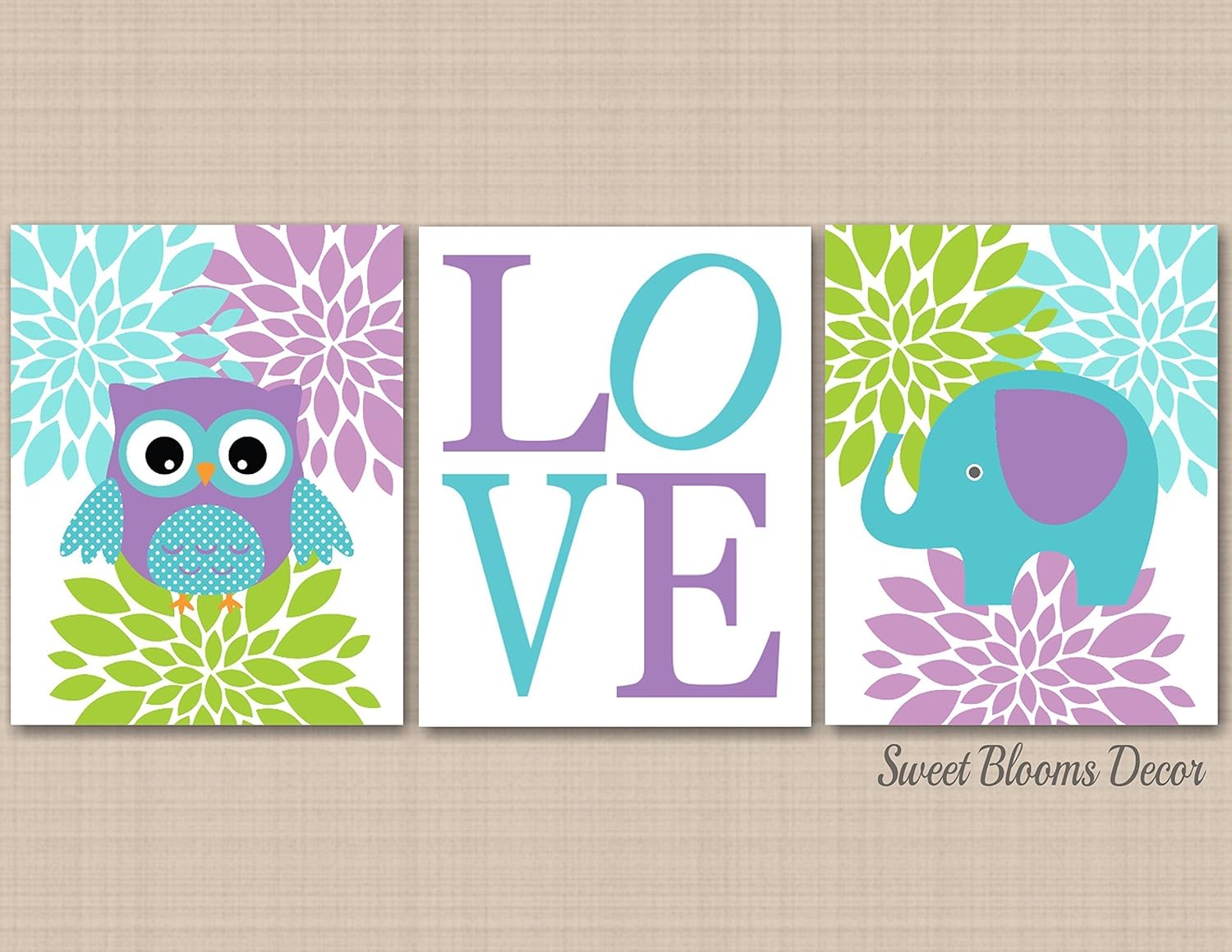 Amazon Com Owl Elephant Wall Art Lavender Teal Lime Nursery