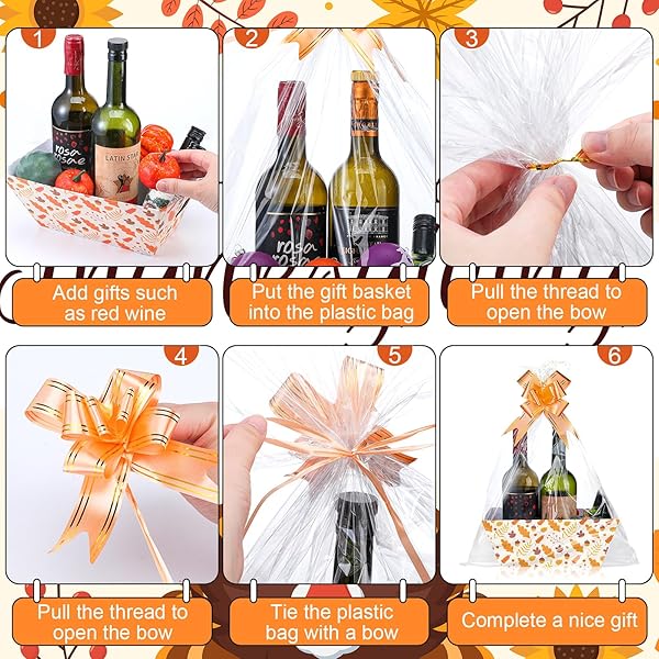 YEAQEE 12 SET 10″ X 8″ X 4.5″ THANKSGIVING GIFT BASKETS BULK 12 EMPTY BASKETS WITH 15 PULL BOWS 15 BAGS PUMPKIN FALL LEAVE BASKET AUTUMN HARVEST THEMED GIFT BOX FOR FALL AUTUMN PARTY FAVORS