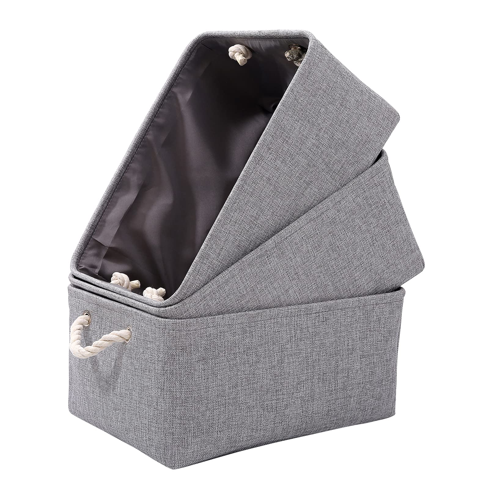 PWVMWM Small Grey Storage Box with Handles, 3 Pcs Thicken Canvas Storage Boxes, Wardrobe Storage Baskets, Collapsible Linen Storage Box for Toys, Clothes and Other Sundries (Grey, 31x21x16cm)