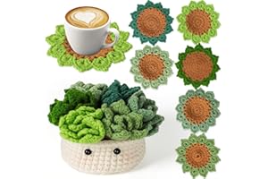 LOMOHOO Crochet Kit for Beginners, 6PCS Crochet Coasters Kit, Flower Potted Plant Crochet Kit with Crochet Hook, Colorful Yarn, Stitch Marker, Instruction, Craft Lover DIY Material Tools(Green)