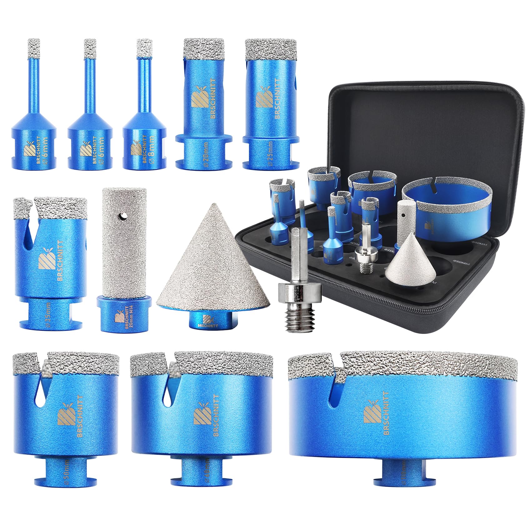 BRSCHNITT Diamond Core Drill Bit Set - Tile Hole Saw Kit for Porcelain Ceramic Marble Granite Drilling withM14 Thread（6/6/8/20/25/35/50/68/110&20 finger bit&50 chamfer bit）.