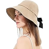 Women Sun Bucket Hat Ponytail Hole with Bow Tie Waterproof Ultra Wide Brim Beach Hat UV Protection UPF 50+
