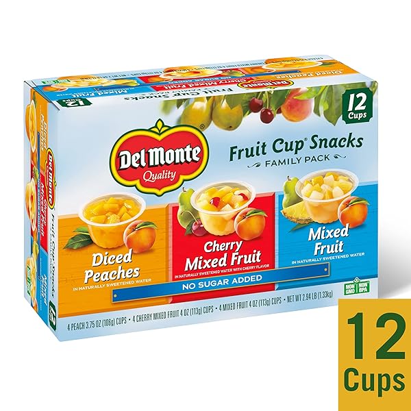 DEL MONTE, FRUIT CUP SNACKS, DICED PEACHES CHERRY MIXED FRUIT MIXED FRUIT, FAMILY PACK, 12 COUNT