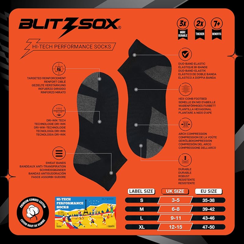 6 Paar Herren Sportsocken aus Baumwolle | Sneaker Socken | DRI-WIK Feuchtigkeitskontrolle | Gepolstertes Fußbett mit Fußgewölbe-Kompression | Verstärkte Ferse & Spitze (43-46, Schwarz)