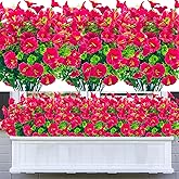 DRT DERUITAI Artificial Flowers for Outside Use,8 Bundles Outdoor Faux Flowers UV Resistant Plastic Fake Shrubs for Outside Indoor Home Porch Décor(Rose Red)