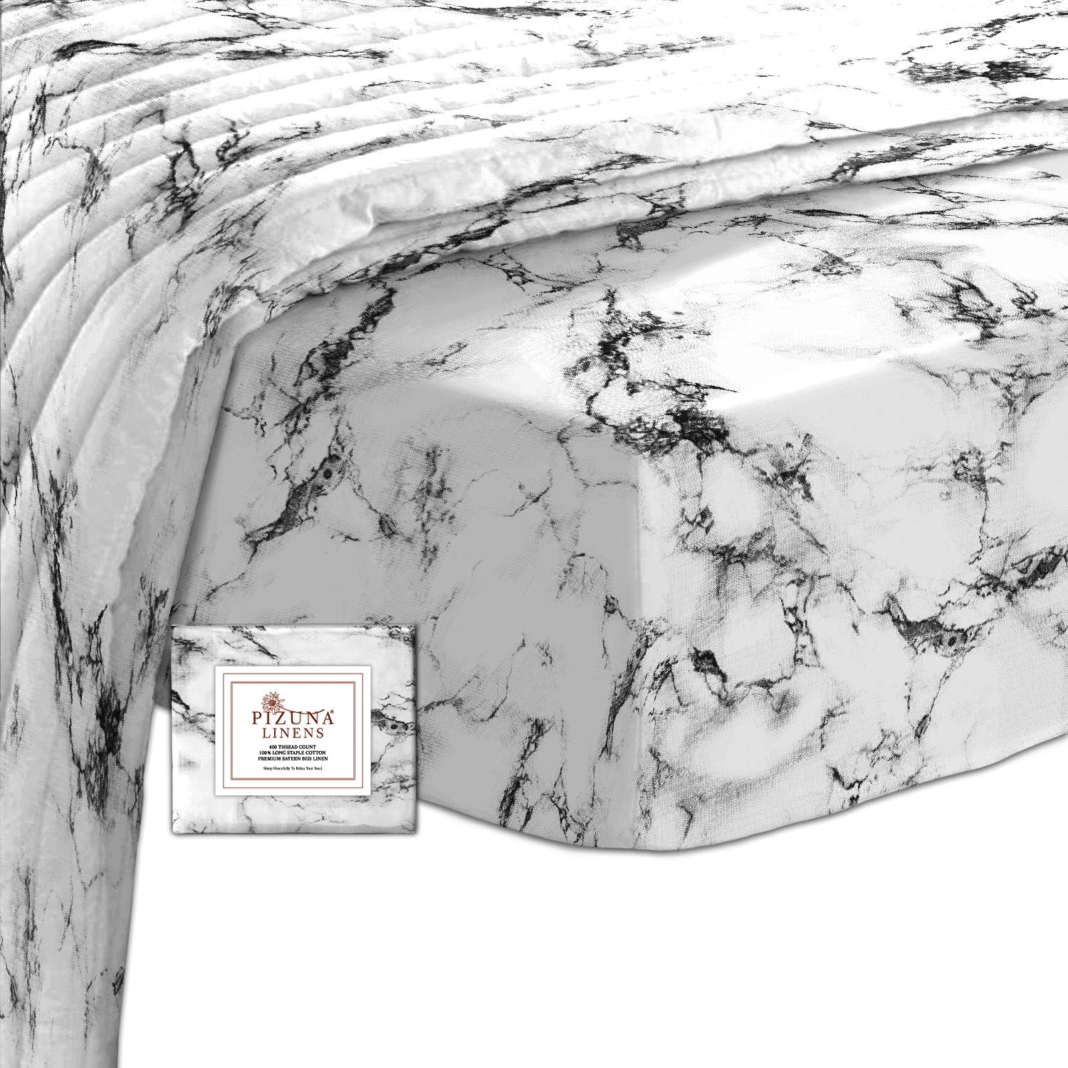 Pizuna Cotton Marble White Printed Fitted Sheets Double Bed 400 thread Count 100% Long Staple Sateen Cotton Printed Double Fitted Sheet 140x200 of 40 cm Deep Pocket 1 Pc (Bed Sheets Double) — image 1