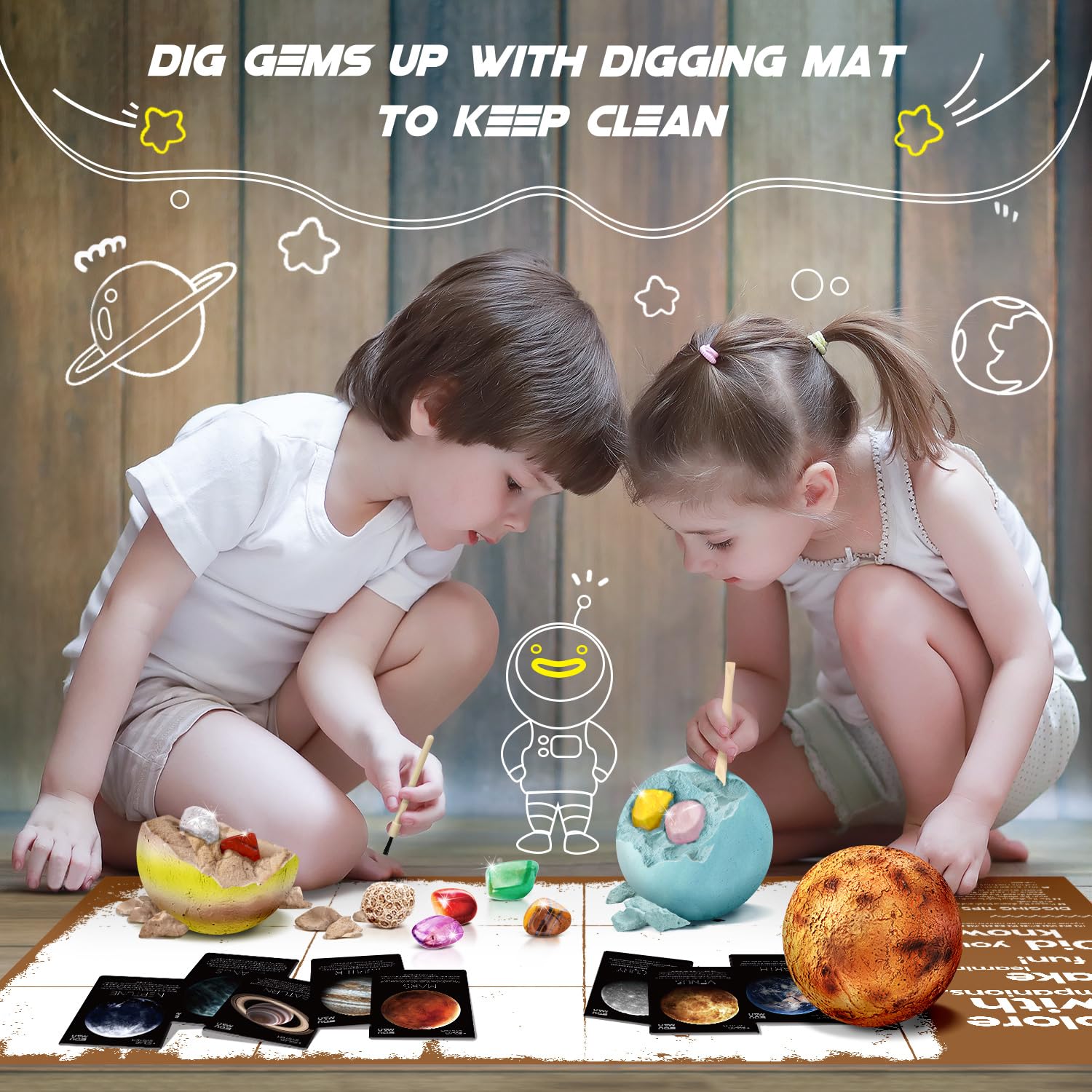 EDUMAN Gemstone Dig Kit - Dig It Up 40 Real Gems & Crystals with Mining Kit Tools, Solar System Eight Planets Toys for Kids Age 6+, STEM Science Educational Toys, Space Toys Ideal Gift for Boys Girls
