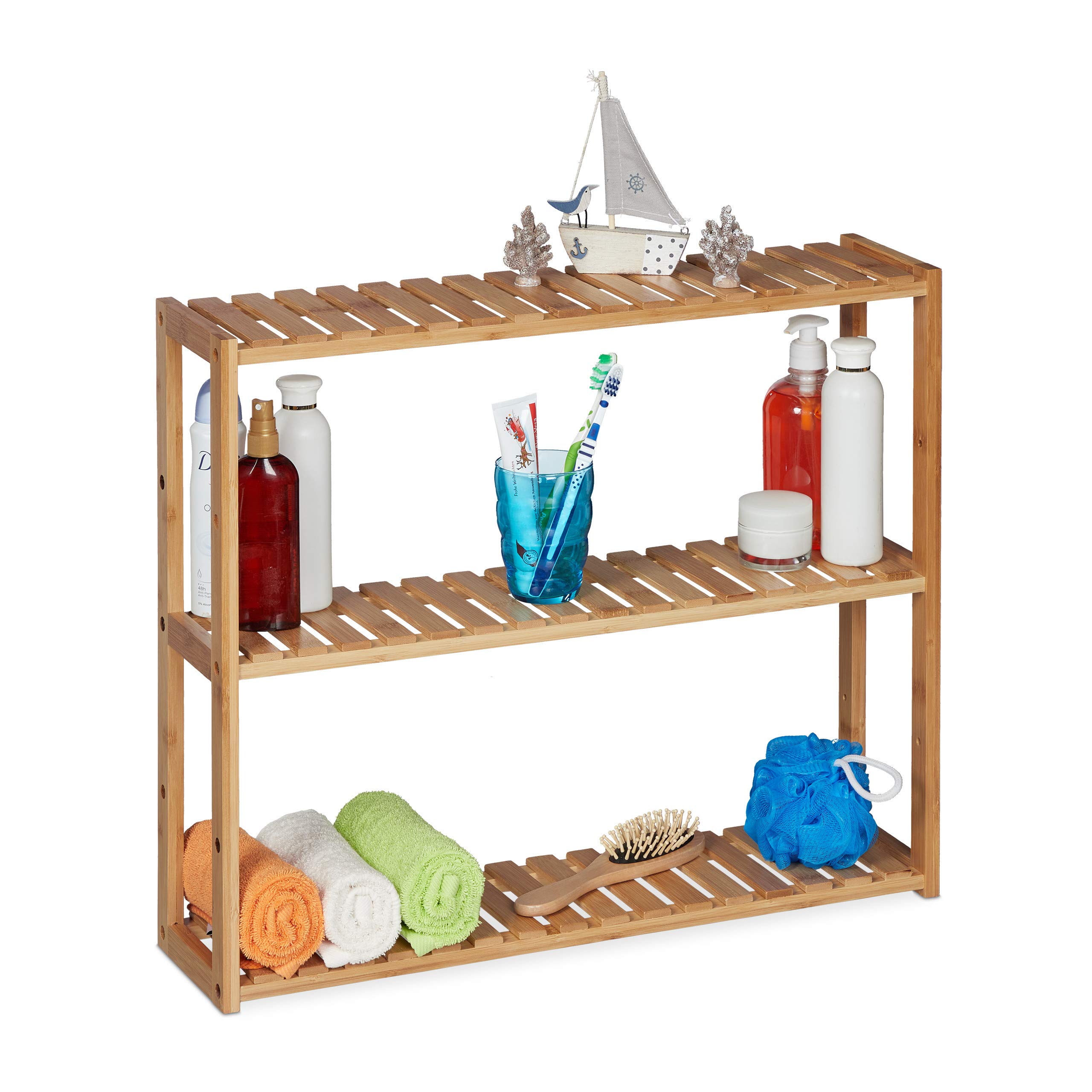 Relaxdays Wall Shelf Bamboo, 3 Trays, Height Adjustable, HWD: 50 x 60 x 15 cm, Bathroom & Kitchen, Narrow Rack, Natural