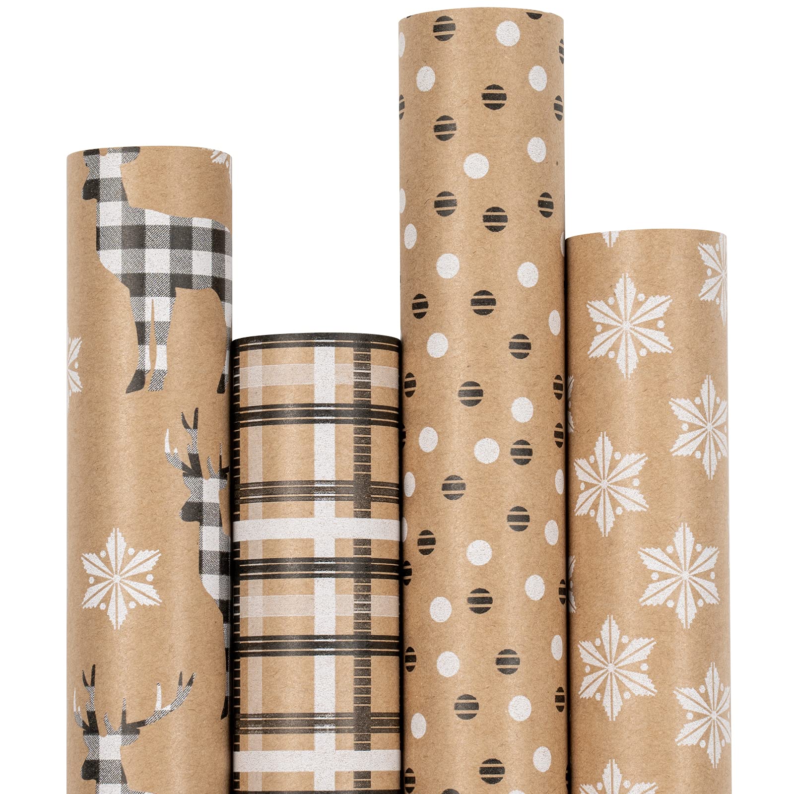 RUSPEPA Christmas Wrapping Paper, Kraft Paper - Deer, Snowflake and Plaid Style Designs - 4 Rolls - 76cm x 305cm per Roll