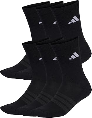 Pack de 6 pares de meias crew unissex adultas almofadadas, preto/preto/branco, 37-40