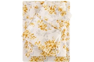 Mooreeke Floral Queen Bed Sheets, Soft Microfiber Yellow Flower Printed Bedding Sheets & Pillowcases, Deep Pocket Non-Slip Vintage Pattern Queen Sheet