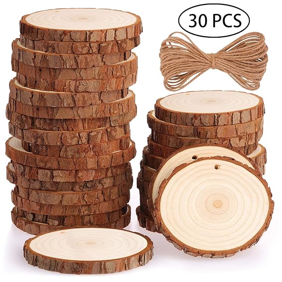 Wrap the gifts Fuyit Natural Wood Slices 30 Pcs 7-8cm Drilled Hole Unfinished Log Wooden Circles for DIY Crafts